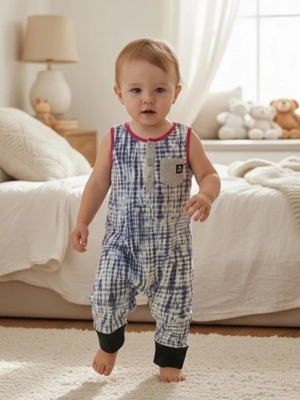 RAGS Toddler Boys Blue White Shibori Tie Dye Sleeveless Henley Harem Romper 2T